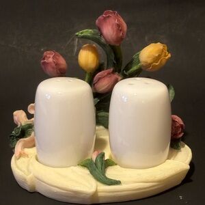 Floral Salt and Pepper Shaker Set  With Base